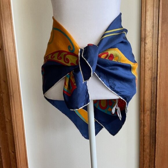 BURMEL Vintage Hand Rolled Bold Retro Print Blue Square Scarf - Picture 7 of 16